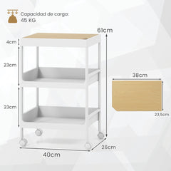 Carrito Auxiliar con Ruedas Bloqueable de 3 Niveles y Bandeja Superior Extraíble para Lavadero Cocina y Baño 40 x 26 x 61 cm Blanco