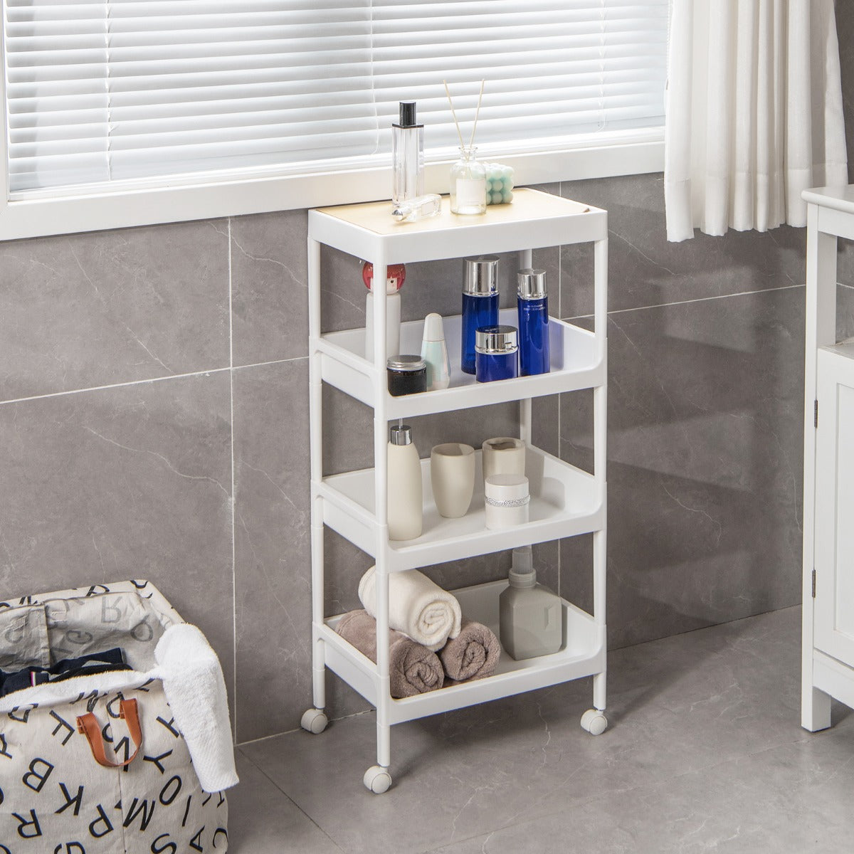 Carrito Auxiliar con Ruedas Bloqueable de 4 Niveles y Bandeja Superior Extraíble para Lavadero Cocina y Baño 40 x 26 x 84 cm Blanco