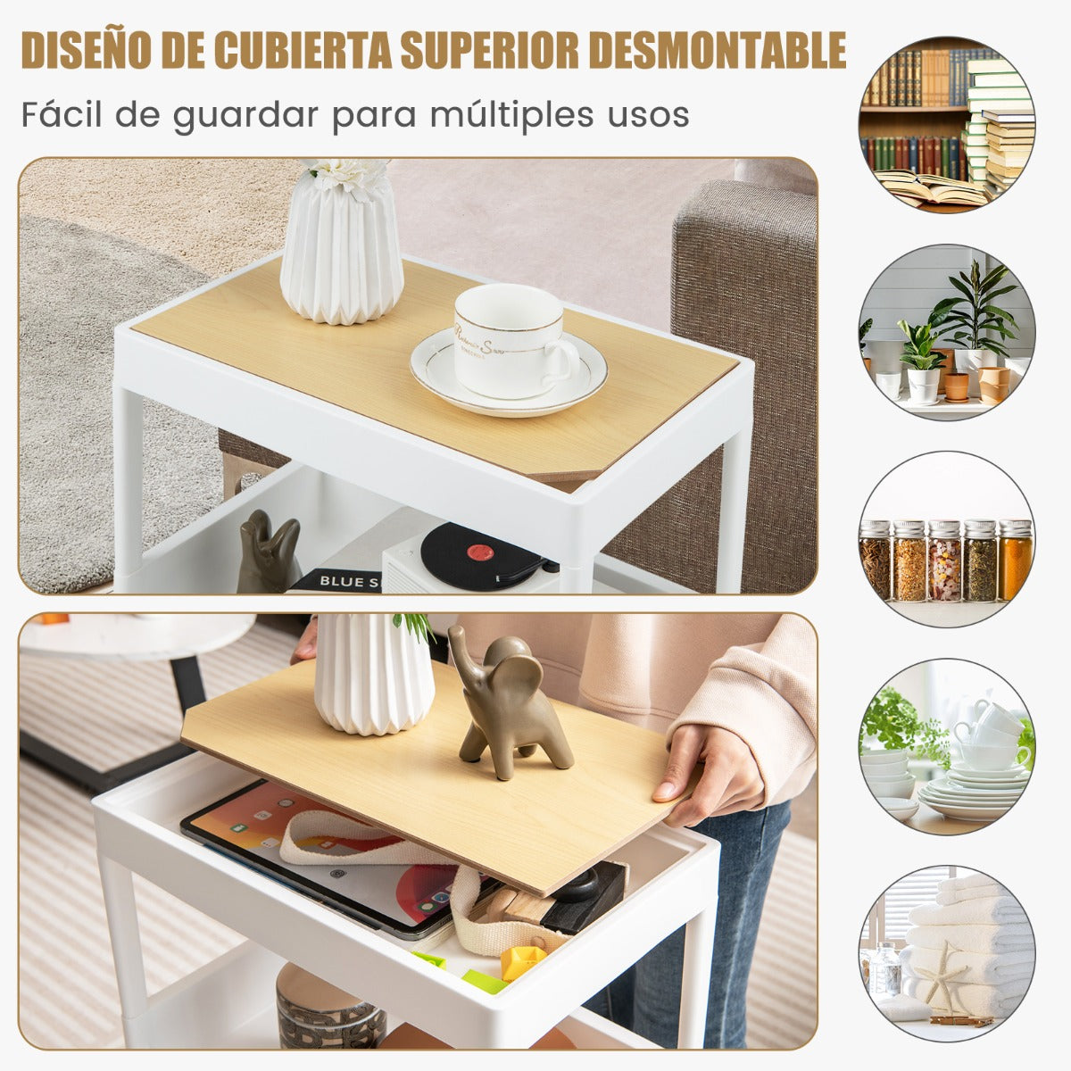 Carrito Auxiliar con Ruedas Bloqueable de 4 Niveles y Bandeja Superior Extraíble para Lavadero Cocina y Baño 40 x 26 x 84 cm Blanco