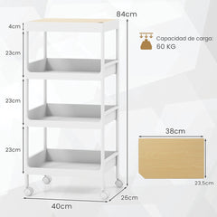 Carrito Auxiliar con Ruedas Bloqueable de 4 Niveles y Bandeja Superior Extraíble para Lavadero Cocina y Baño 40 x 26 x 84 cm Blanco