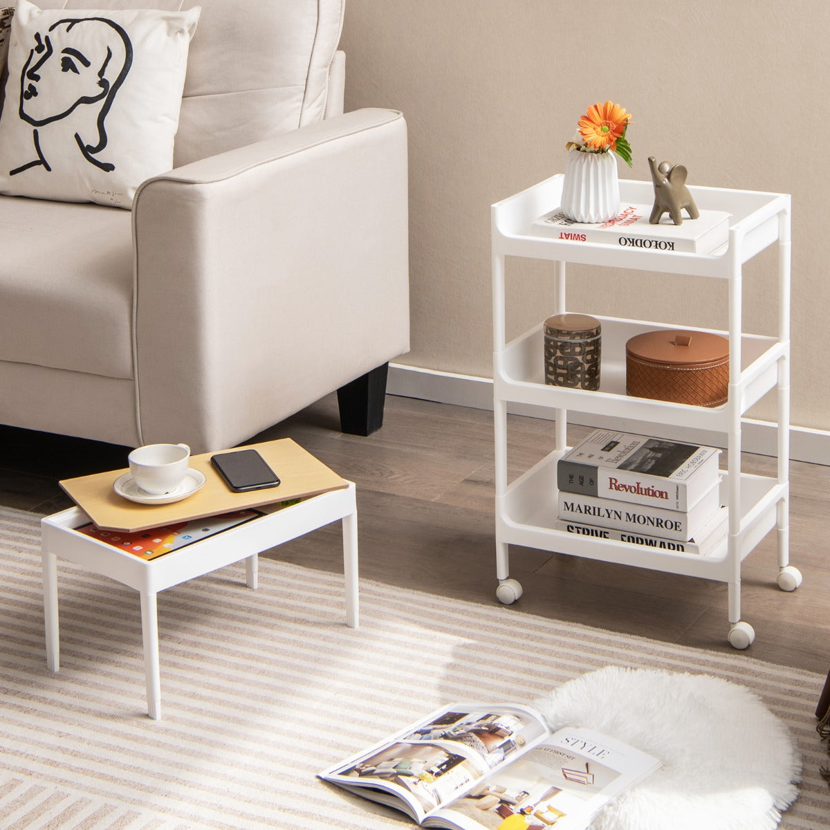 Carrito Auxiliar con Ruedas Bloqueable de 4 Niveles y Bandeja Superior Extraíble para Lavadero Cocina y Baño 40 x 26 x 84 cm Blanco