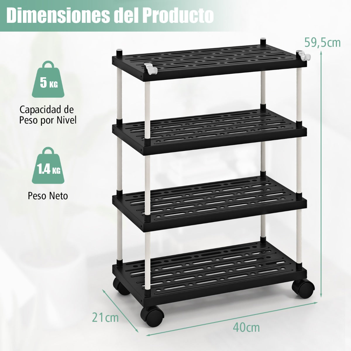Carrito Laterales de Almacenamiento de 4 Niveles con Ruedas Bloqueables y Ganchos Laterales para Cocina y Oficina 40 x 21 x 59,5 cm Negro