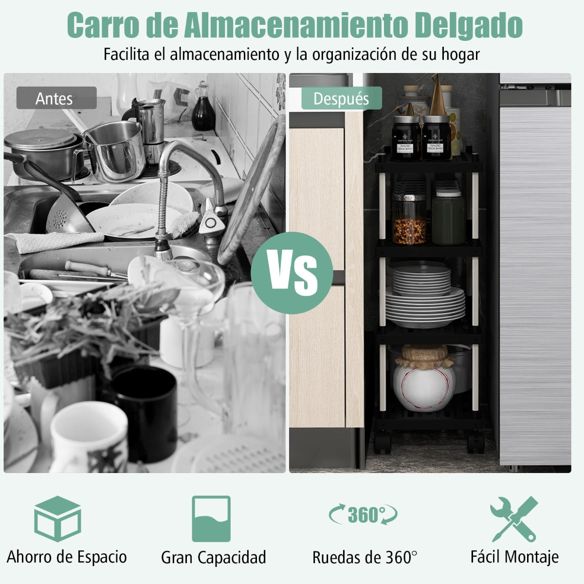Carrito Laterales de Almacenamiento de 4 Niveles con Ruedas Bloqueables y Ganchos Laterales para Cocina y Oficina 40 x 21 x 59,5 cm Negro
