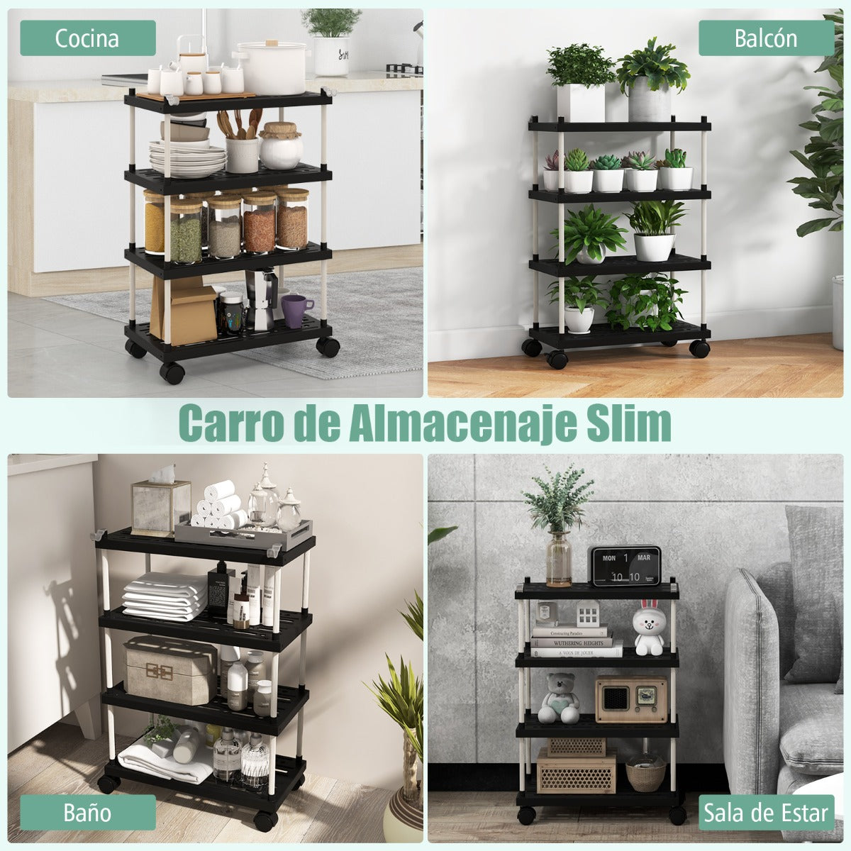 Carrito Laterales de Almacenamiento de 4 Niveles con Ruedas Bloqueables y Ganchos Laterales para Cocina y Oficina 40 x 21 x 59,5 cm Negro