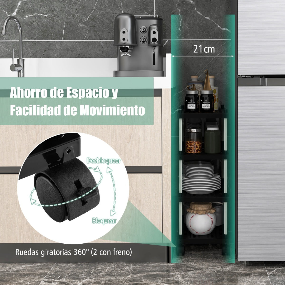 Carrito Laterales de Almacenamiento de 4 Niveles con Ruedas Bloqueables y Ganchos Laterales para Cocina y Oficina 40 x 21 x 59,5 cm Negro