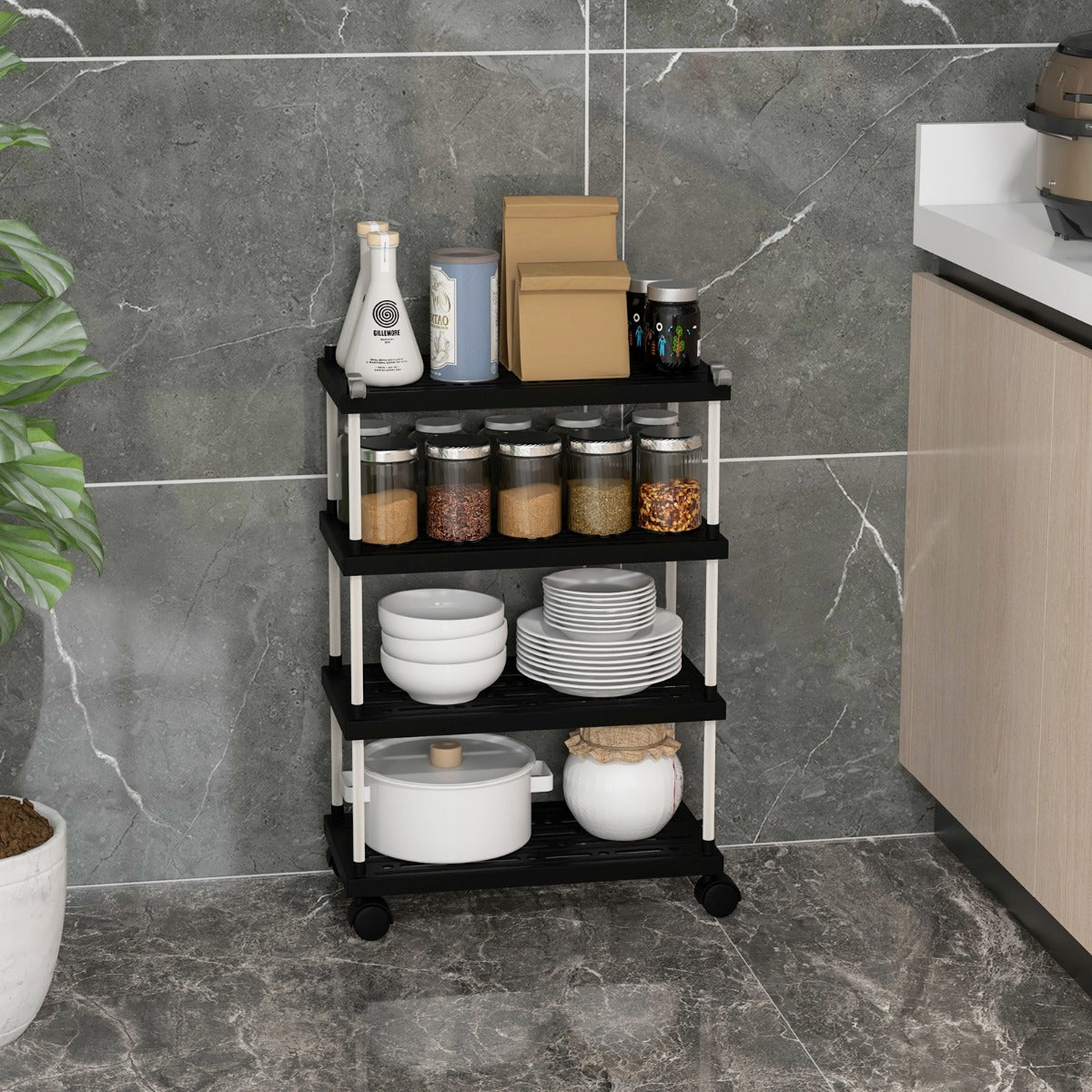 Carrito Laterales de Almacenamiento de 4 Niveles con Ruedas Bloqueables y Ganchos Laterales para Cocina y Oficina 40 x 21 x 59,5 cm Negro