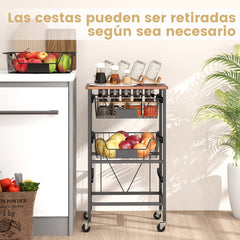 Carro de Almacenamiento de Cocina de 4 Niveles Carrito Móvil de Utilidad con Superficie de Madera Cestas Extraíbles para Frutas y Verduras