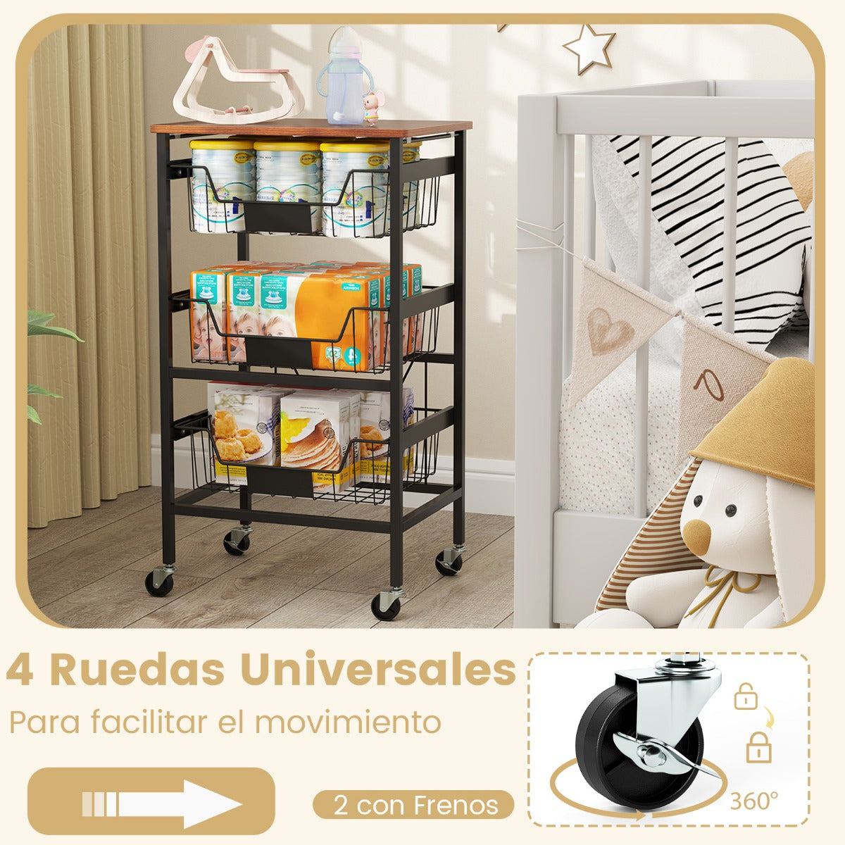 Carro de Almacenamiento de Cocina de 4 Niveles Carrito Móvil de Utilidad con Superficie de Madera Cestas Extraíbles para Frutas y Verduras