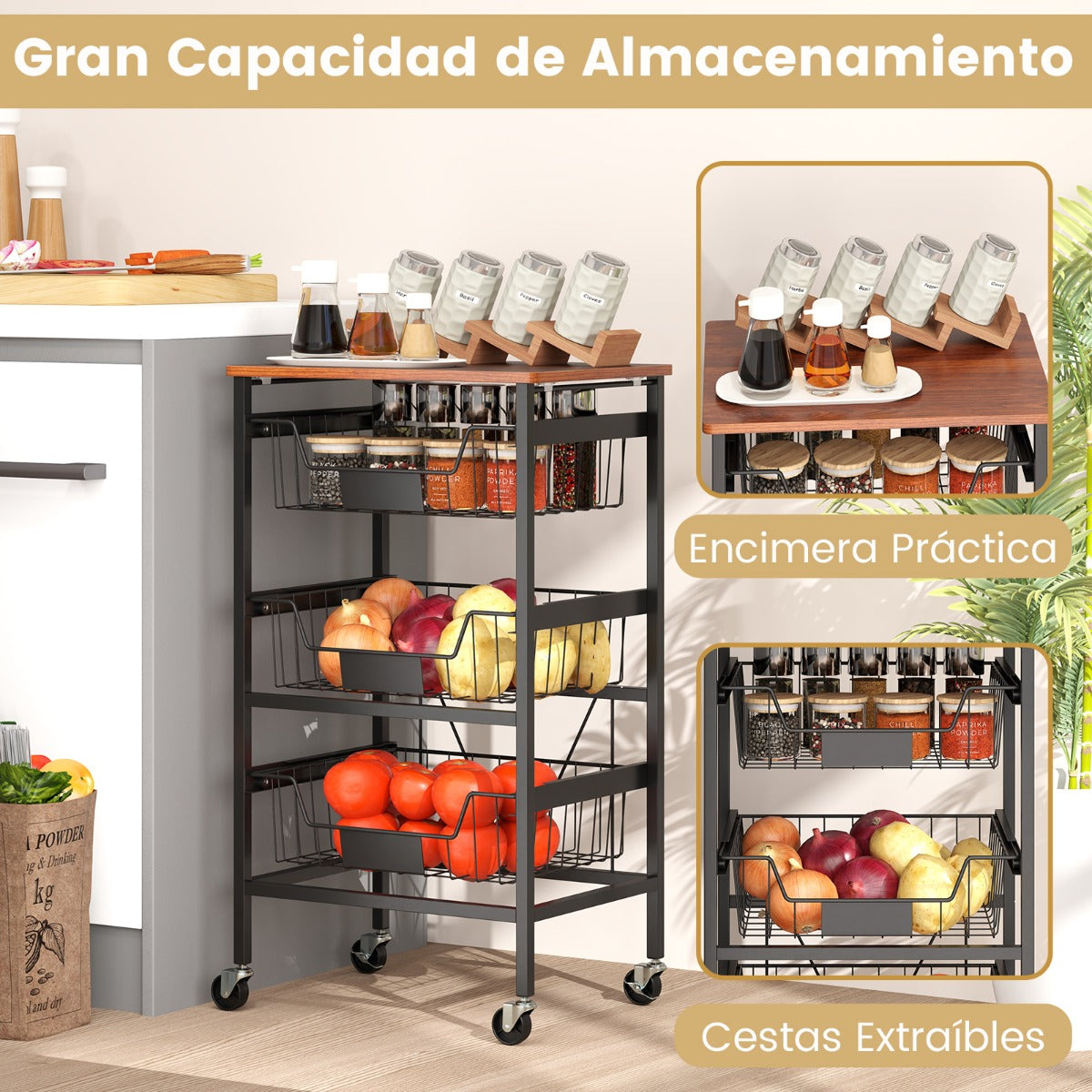 Carro de Almacenamiento de Cocina de 4 Niveles Carrito Móvil de Utilidad con Superficie de Madera Cestas Extraíbles para Frutas y Verduras