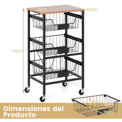 Carro de Almacenamiento de Cocina de 4 Niveles Carrito Móvil de Utilidad con Superficie de Madera Cestas Extraíbles para Frutas y Verduras