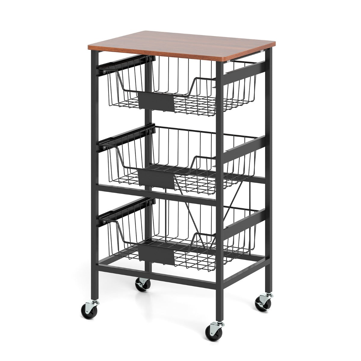 Carro de Almacenamiento de Cocina de 4 Niveles Carrito Móvil de Utilidad con Superficie de Madera Cestas Extraíbles para Frutas y Verduras