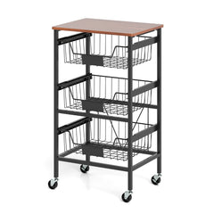 Carro de Almacenamiento de Cocina de 4 Niveles Carrito Móvil de Utilidad con Superficie de Madera Cestas Extraíbles para Frutas y Verduras