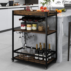 Carrito de Bar Rodante Carrito de Servicio de Cocina con Bandeja Extraíble Botellero de Pino y Portavasos Carro de Vino de 3 Niveles Marrón