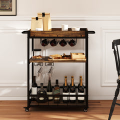 Carrito de Bar Rodante Carrito de Servicio de Cocina con Bandeja Extraíble Botellero de Pino y Portavasos Carro de Vino de 3 Niveles Marrón
