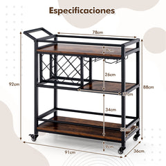 Carrito de Bar de 3 Niveles con Ruedas Porta Vinos Porta Vasos Marco Metálico y Ruedas Bloqueables Carrito de Servicio Marrón