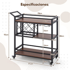 Carrito de Bar de 3 Niveles con Ruedas Porta Vinos Porta Vasos Marco Metálico y Ruedas Bloqueables Carrito de Servicio Nuez