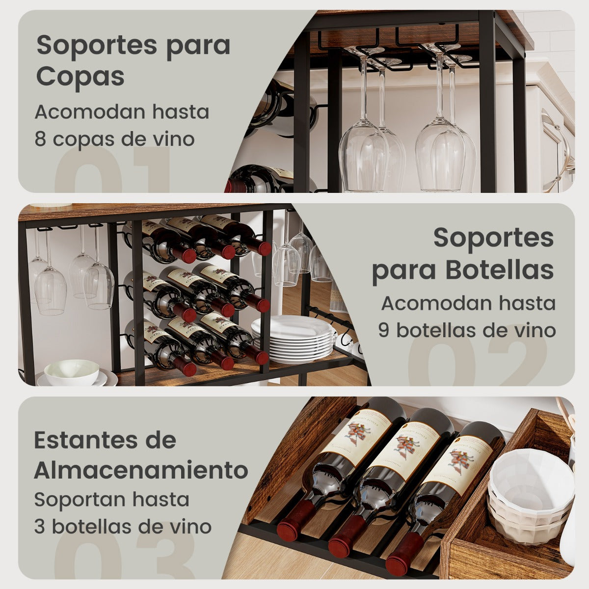 Carrito de Bar de 3 Niveles con Ruedas Soportes para 8 Copas 9 Botellas 8 Ganchos Laterales Cajas de Almacenamiento para Cocina Marrón