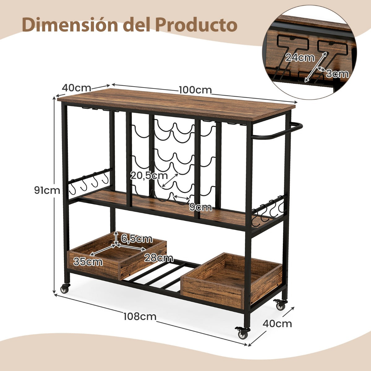 Carrito de Bar de 3 Niveles con Ruedas Soportes para 8 Copas 9 Botellas 8 Ganchos Laterales Cajas de Almacenamiento para Cocina Marrón