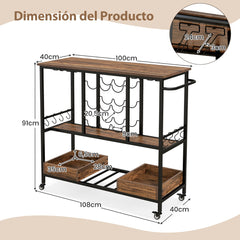 Carrito de Bar de 3 Niveles con Ruedas Soportes para 8 Copas 9 Botellas 8 Ganchos Laterales Cajas de Almacenamiento para Cocina Marrón