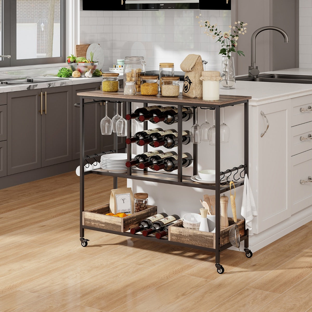 Carrito de Bar de 3 Niveles con Ruedas Soportes para 8 Copas 9 Botellas 8 Ganchos Laterales Cajas de Almacenamiento para Cocina Gris