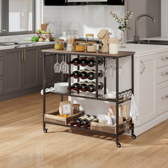 Carrito de Bar de 3 Niveles con Ruedas Soportes para 8 Copas 9 Botellas 8 Ganchos Laterales Cajas de Almacenamiento para Cocina Gris
