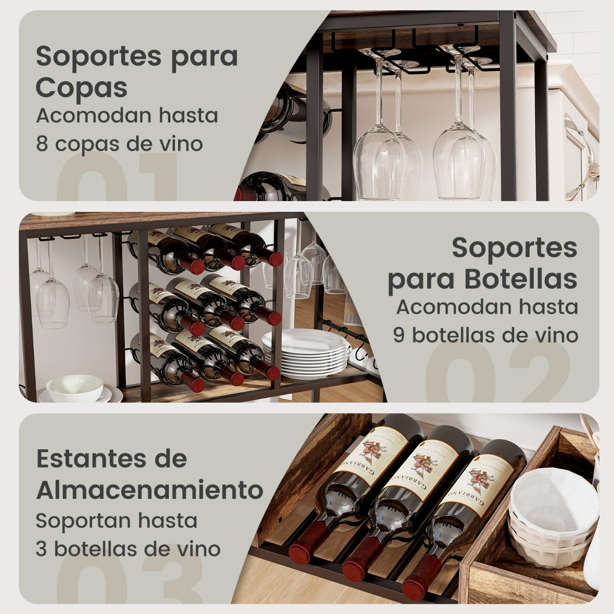 Carrito de Bar de 3 Niveles con Ruedas Soportes para 8 Copas 9 Botellas 8 Ganchos Laterales Cajas de Almacenamiento para Cocina Gris