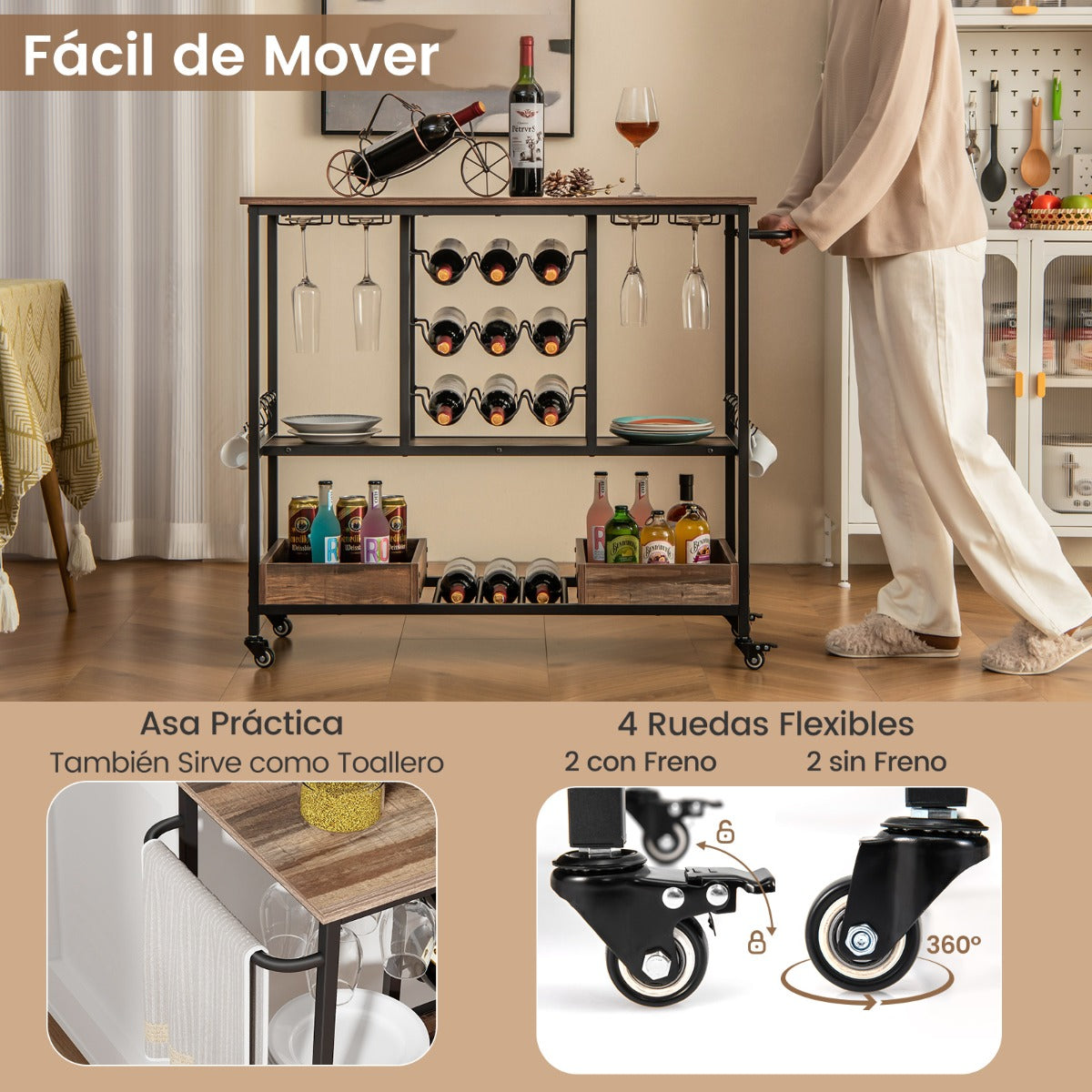 Carrito de Bar de 3 Niveles con Ruedas Soportes para 8 Copas 9 Botellas 8 Ganchos Laterales Cajas de Almacenamiento para Cocina Gris