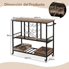 Carrito de Bar de 3 Niveles con Ruedas Soportes para 8 Copas 9 Botellas 8 Ganchos Laterales Cajas de Almacenamiento para Cocina Gris