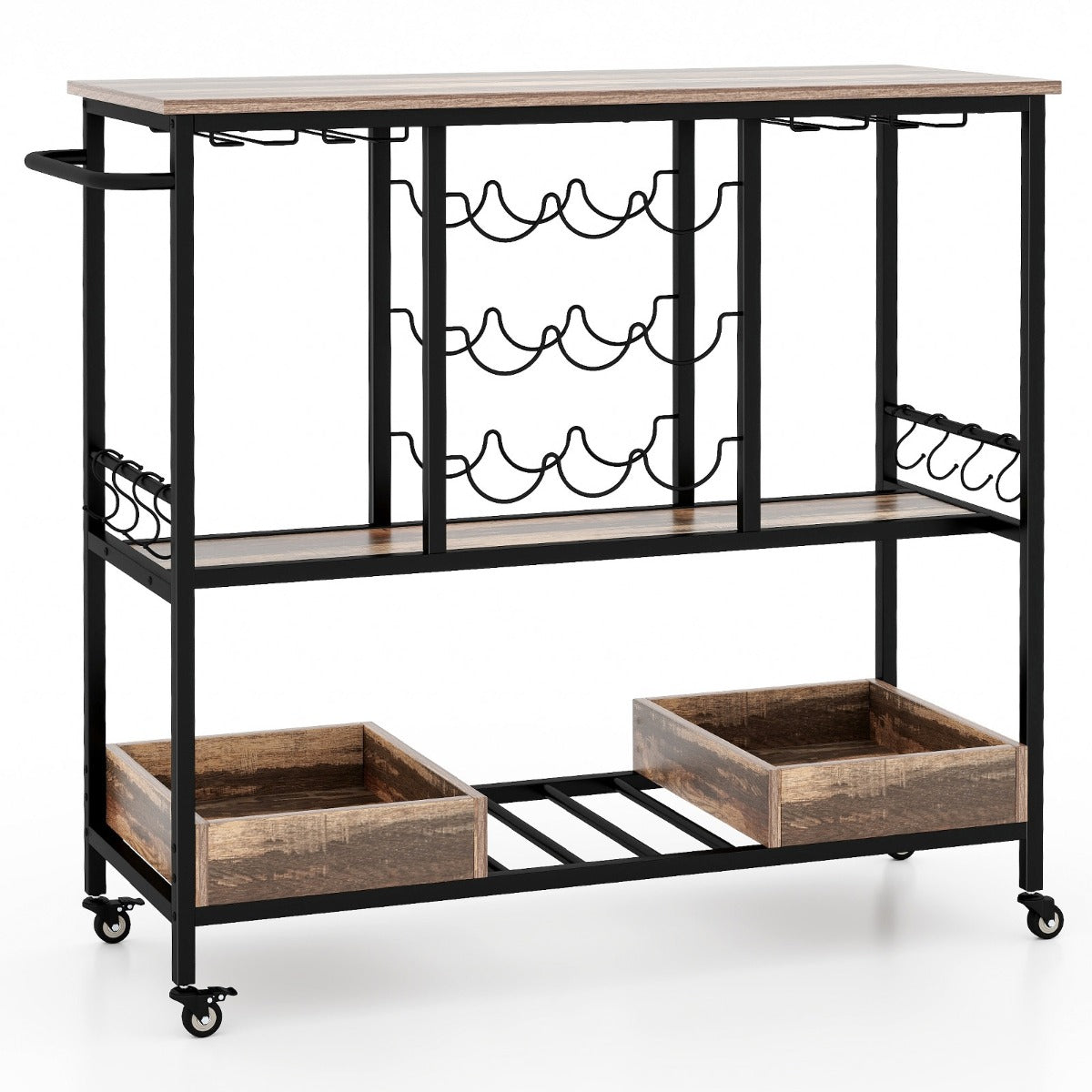 Carrito de Bar de 3 Niveles con Ruedas Soportes para 8 Copas 9 Botellas 8 Ganchos Laterales Cajas de Almacenamiento para Cocina Gris