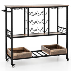 Carrito de Bar de 3 Niveles con Ruedas Soportes para 8 Copas 9 Botellas 8 Ganchos Laterales Cajas de Almacenamiento para Cocina Gris