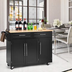 Carrito de Cocina con Ruedas 2 Cajones 2 Gabinetes Isla de Cocina Rodante Porta Toallas Cuchillos Estante Ajustable para Comedor Negro