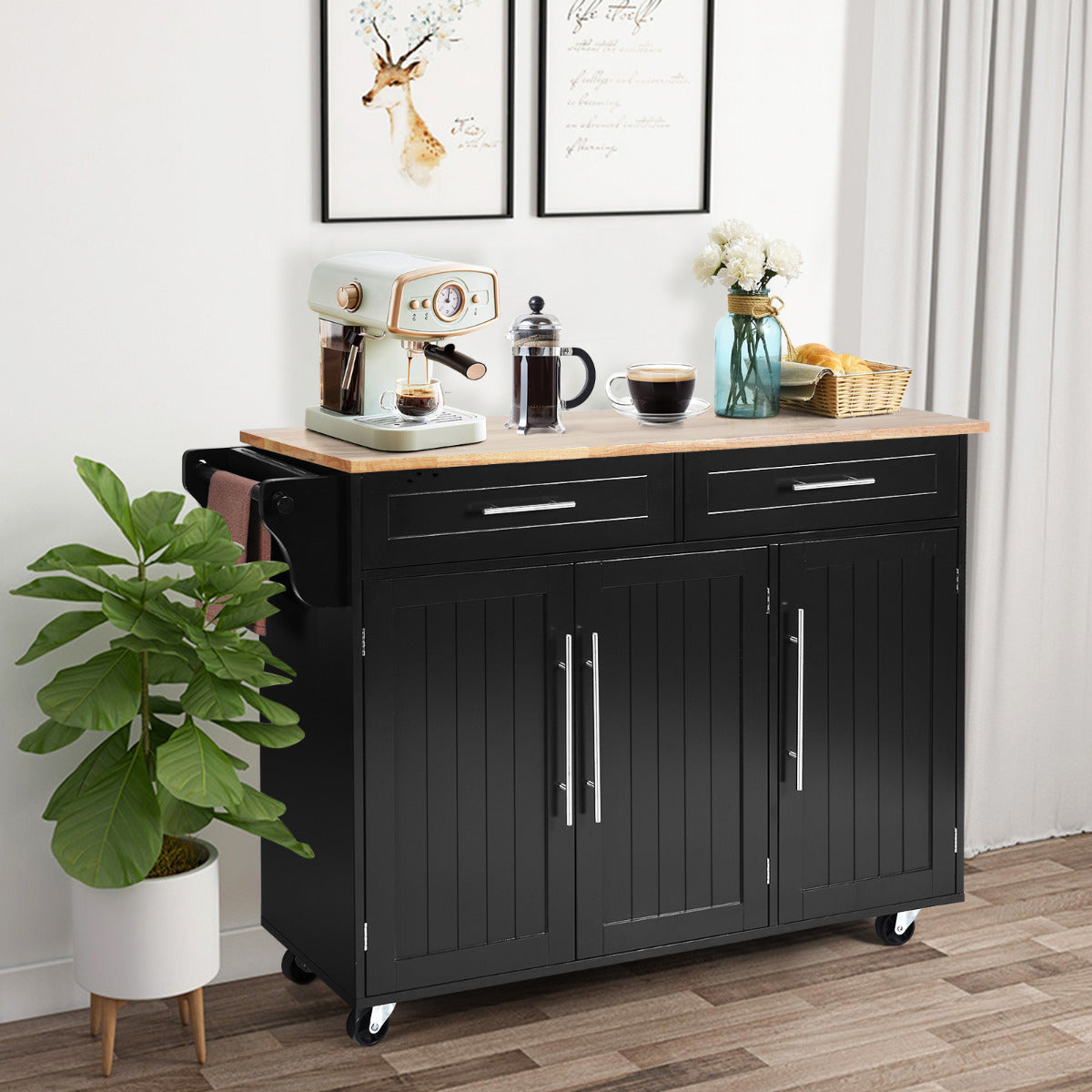 Carrito de Cocina con Ruedas 2 Cajones 2 Gabinetes Isla de Cocina Rodante Porta Toallas Cuchillos Estante Ajustable para Comedor Negro