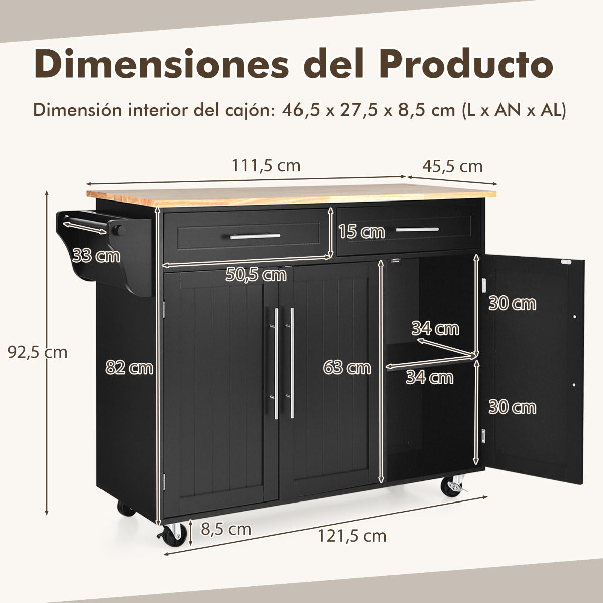 Carrito de Cocina con Ruedas 2 Cajones 2 Gabinetes Isla de Cocina Rodante Porta Toallas Cuchillos Estante Ajustable para Comedor Negro