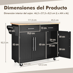 Carrito de Cocina con Ruedas 2 Cajones 2 Gabinetes Isla de Cocina Rodante Porta Toallas Cuchillos Estante Ajustable para Comedor Negro
