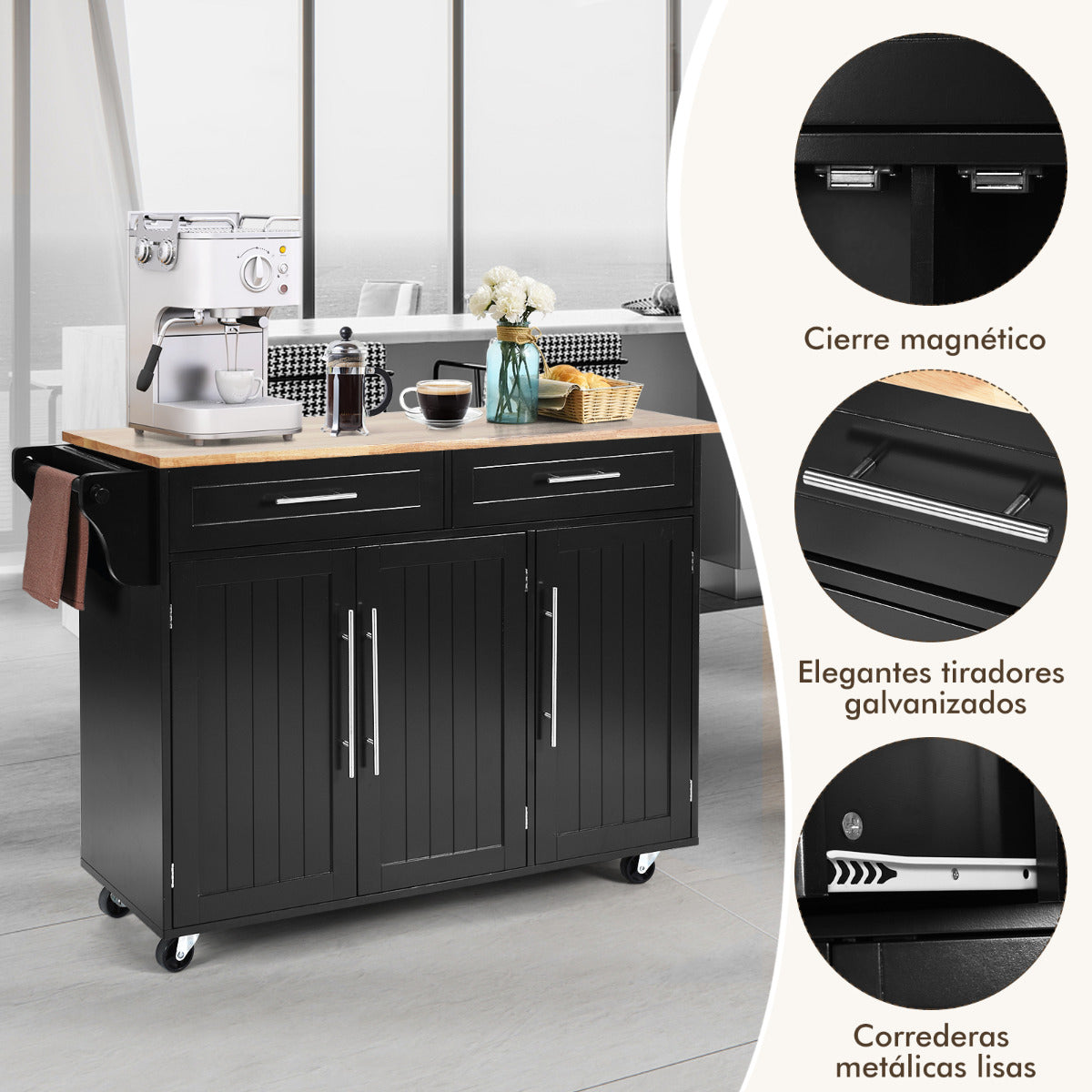 Carrito de Cocina con Ruedas 2 Cajones 2 Gabinetes Isla de Cocina Rodante Porta Toallas Cuchillos Estante Ajustable para Comedor Negro