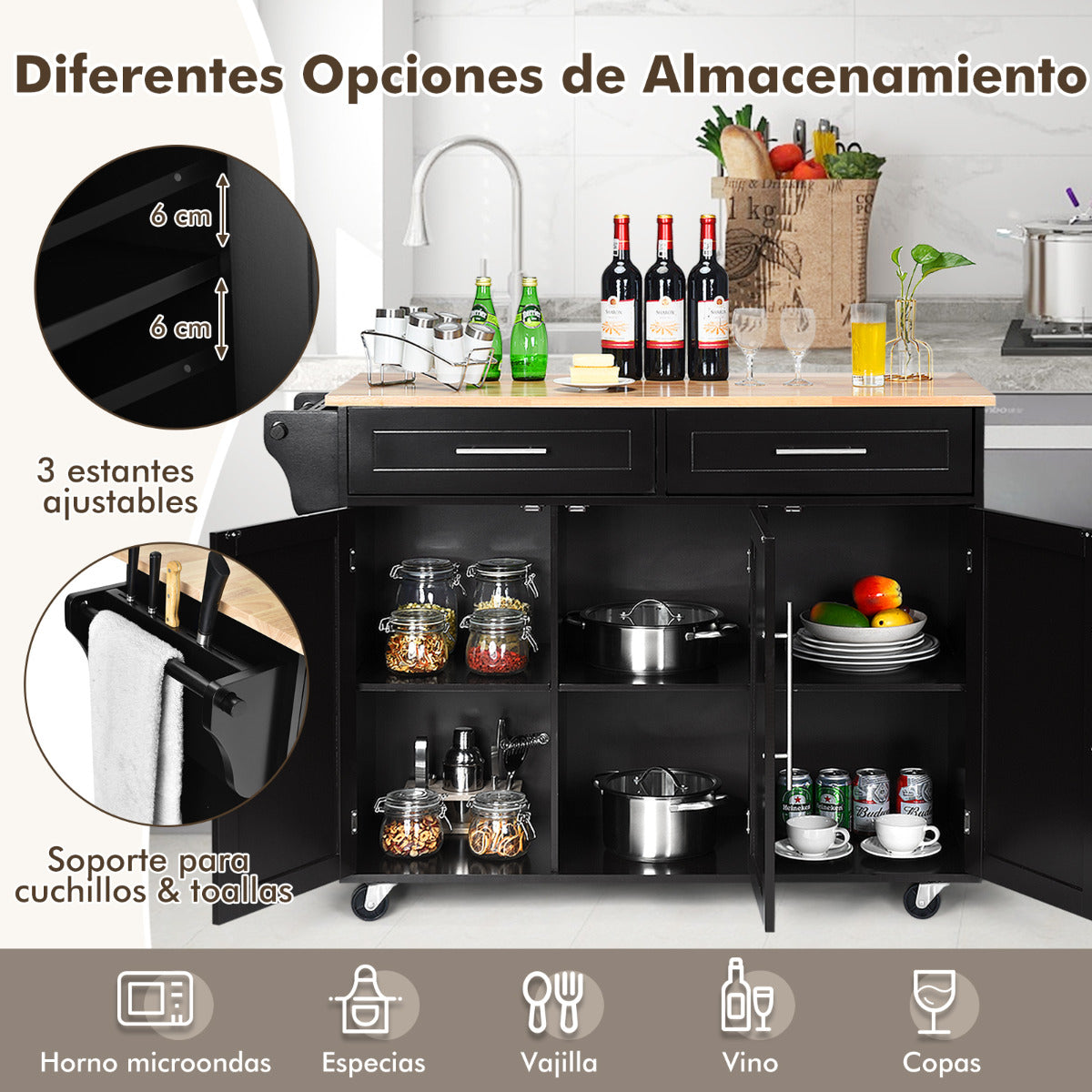 Carrito de Cocina con Ruedas 2 Cajones 2 Gabinetes Isla de Cocina Rodante Porta Toallas Cuchillos Estante Ajustable para Comedor Negro