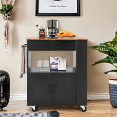 Carrito de Cocina con Ruedas Armario de Sevicio Rodante con 3 Estantes Cajón Armario Grande de 2 Puertas Toallero 82 x 46 x 92 cm Negro