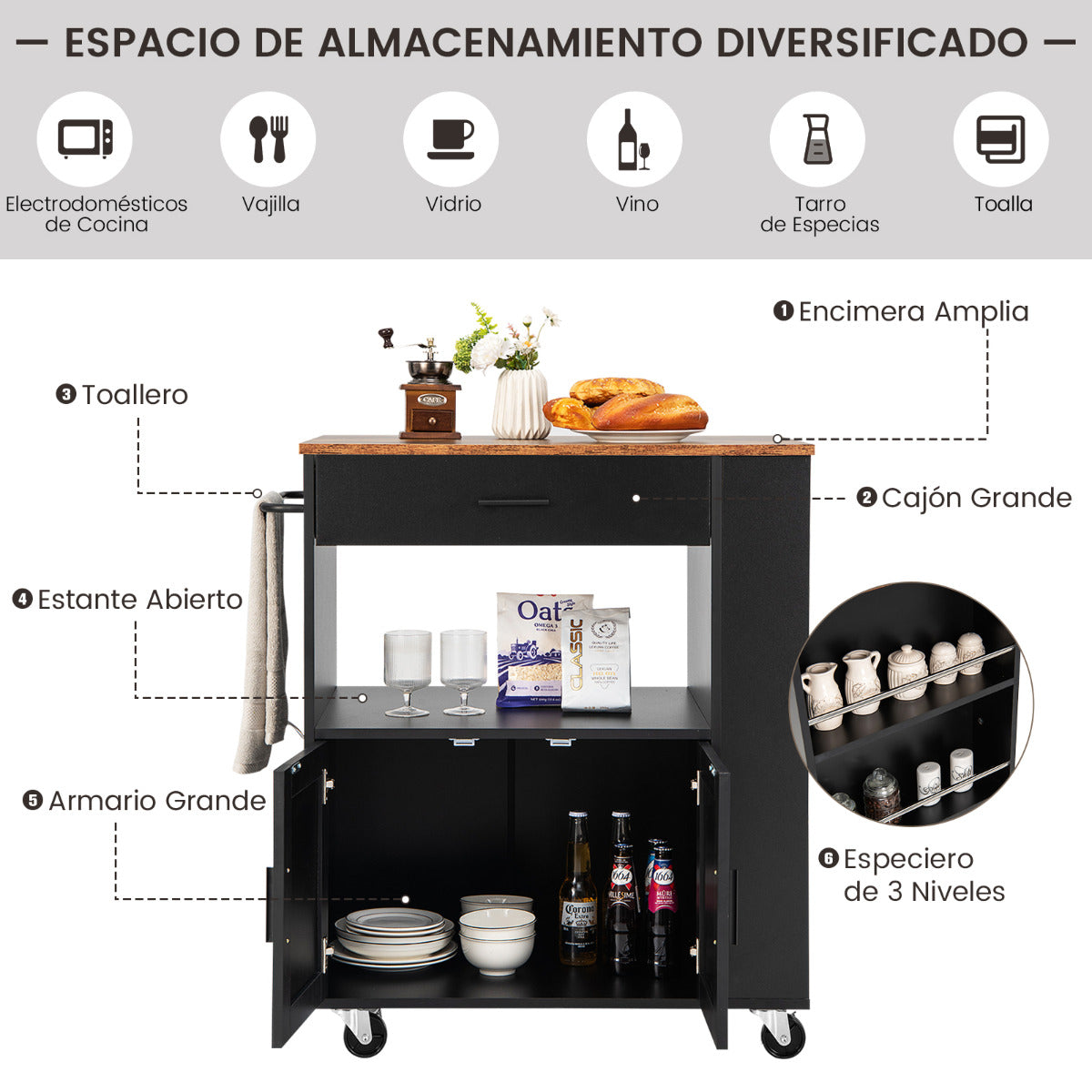 Carrito de Cocina con Ruedas Armario de Sevicio Rodante con 3 Estantes Cajón Armario Grande de 2 Puertas Toallero 82 x 46 x 92 cm Negro