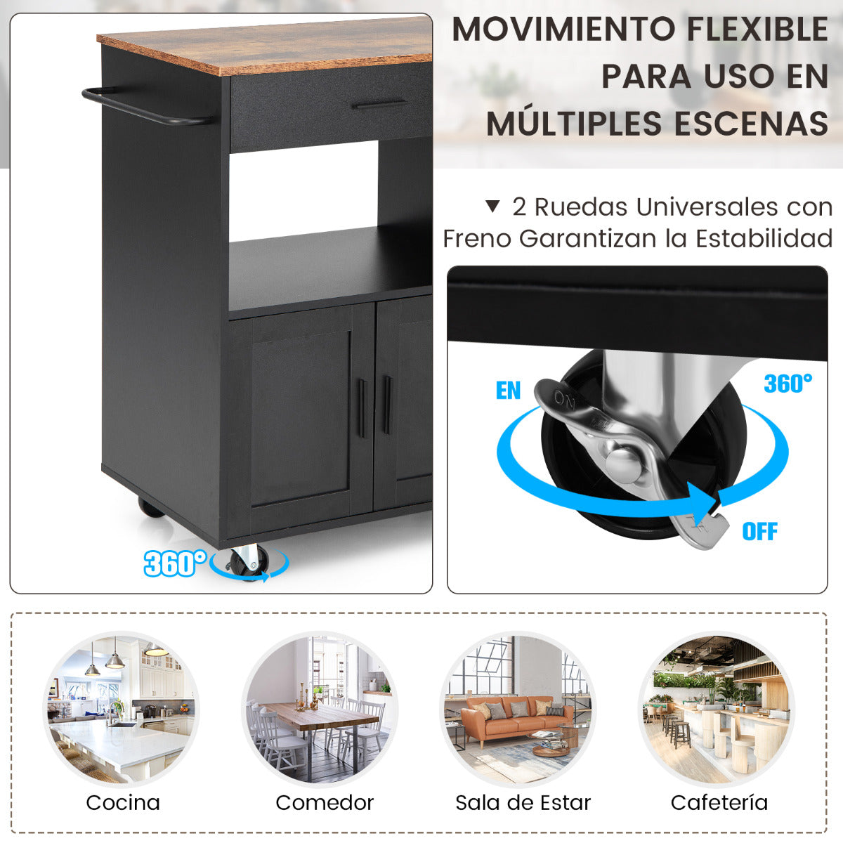 Carrito de Cocina con Ruedas Armario de Sevicio Rodante con 3 Estantes Cajón Armario Grande de 2 Puertas Toallero 82 x 46 x 92 cm Negro