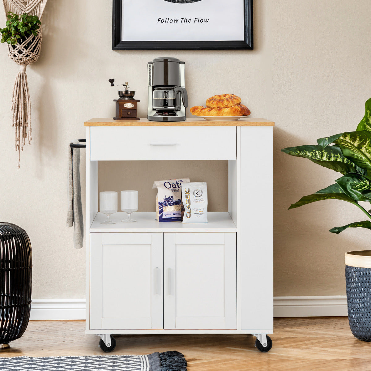 Carrito de Cocina con Ruedas Armario de Sevicio Rodante con 3 Estantes Cajón Armario Grande de 2 Puertas Toallero 82 x 46 x 92 cm Blanco