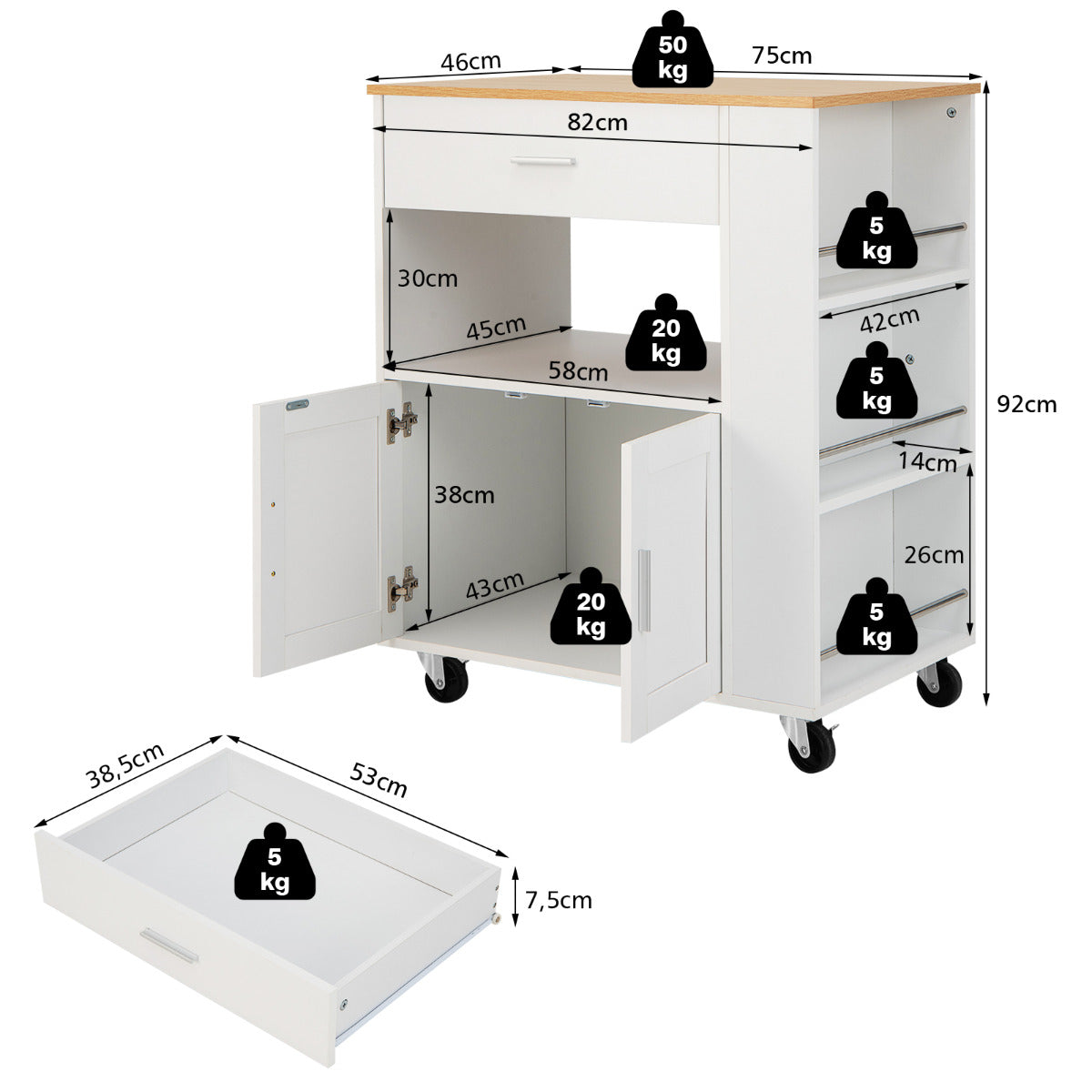 Carrito de Cocina con Ruedas Armario de Sevicio Rodante con 3 Estantes Cajón Armario Grande de 2 Puertas Toallero 82 x 46 x 92 cm Blanco