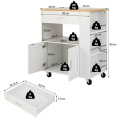 Carrito de Cocina con Ruedas Armario de Sevicio Rodante con 3 Estantes Cajón Armario Grande de 2 Puertas Toallero 82 x 46 x 92 cm Blanco