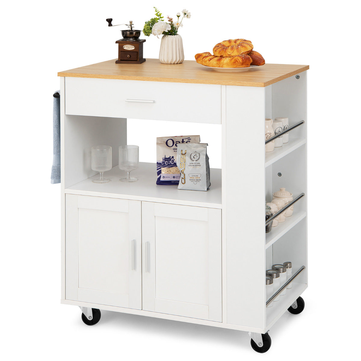 Carrito de Cocina con Ruedas Armario de Sevicio Rodante con 3 Estantes Cajón Armario Grande de 2 Puertas Toallero 82 x 46 x 92 cm Blanco