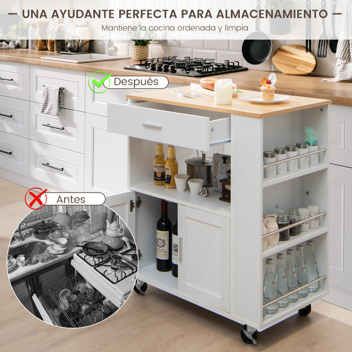 Carrito de Cocina con Ruedas Armario de Sevicio Rodante con 3 Estantes Cajón Armario Grande de 2 Puertas Toallero 82 x 46 x 92 cm Blanco