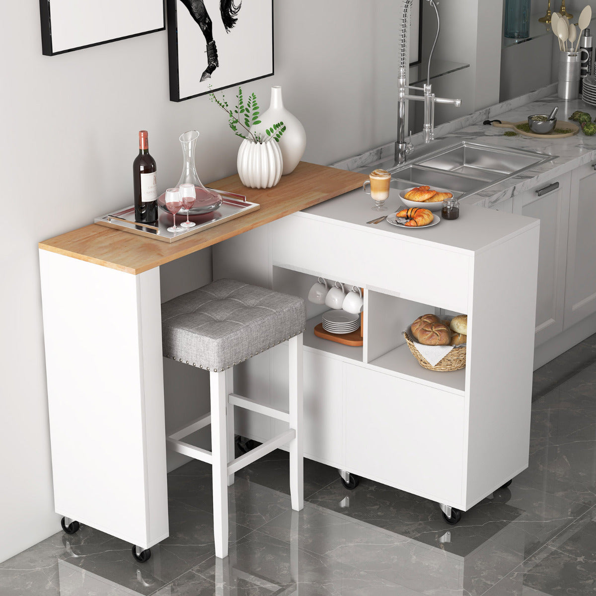 Carrito de Cocina de Servicio Móvil 2 en 1 Carro de Almacenamiento con Tapa de Madera Estante Portabotellas Cajón 120 x 40 x 100 cm Blanco
