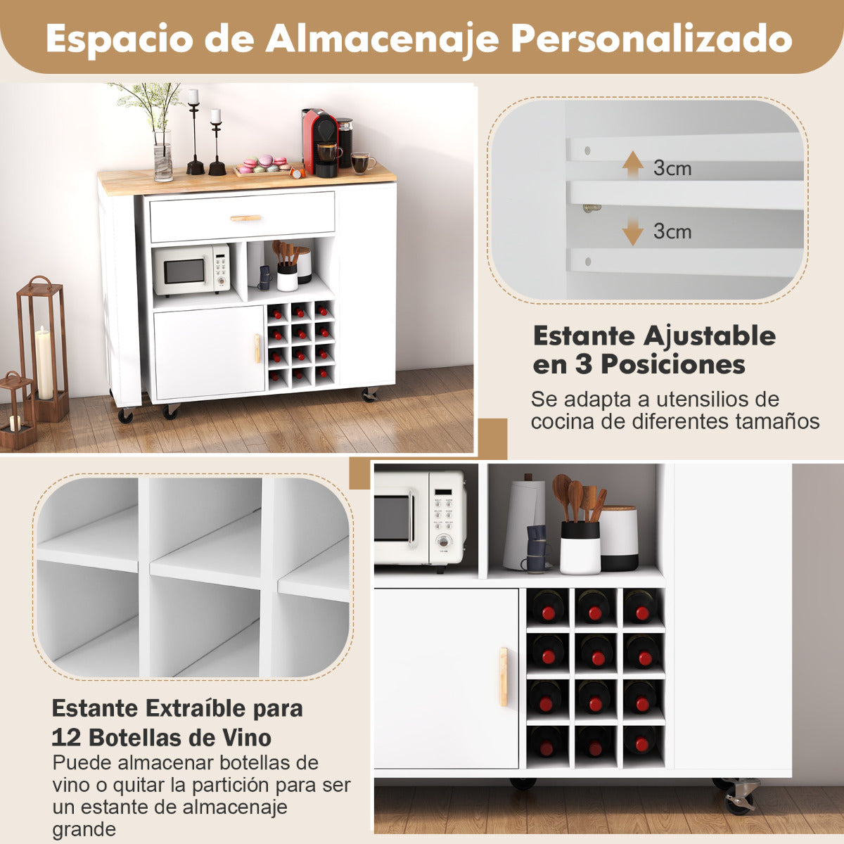 Carrito de Cocina de Servicio Móvil 2 en 1 Carro de Almacenamiento con Tapa de Madera Estante Portabotellas Cajón 120 x 40 x 100 cm Blanco
