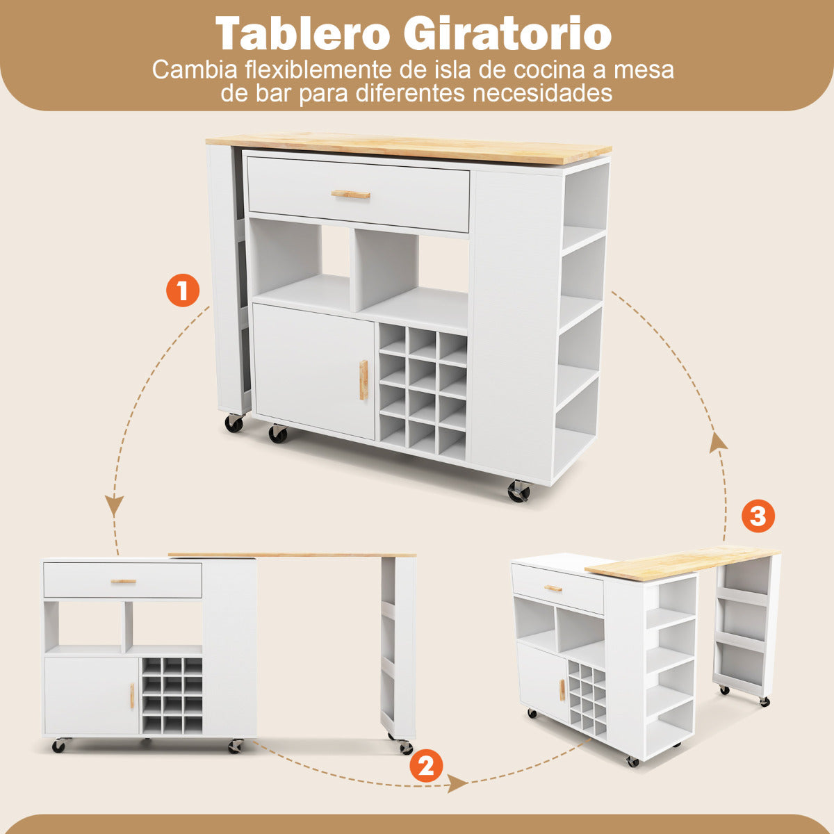 Carrito de Cocina de Servicio Móvil 2 en 1 Carro de Almacenamiento con Tapa de Madera Estante Portabotellas Cajón 120 x 40 x 100 cm Blanco