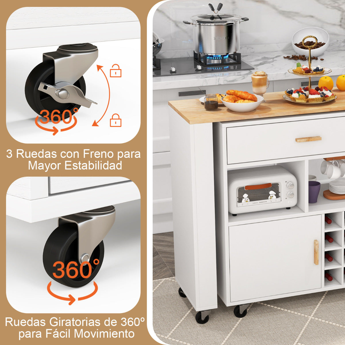 Carrito de Cocina de Servicio Móvil 2 en 1 Carro de Almacenamiento con Tapa de Madera Estante Portabotellas Cajón 120 x 40 x 100 cm Blanco