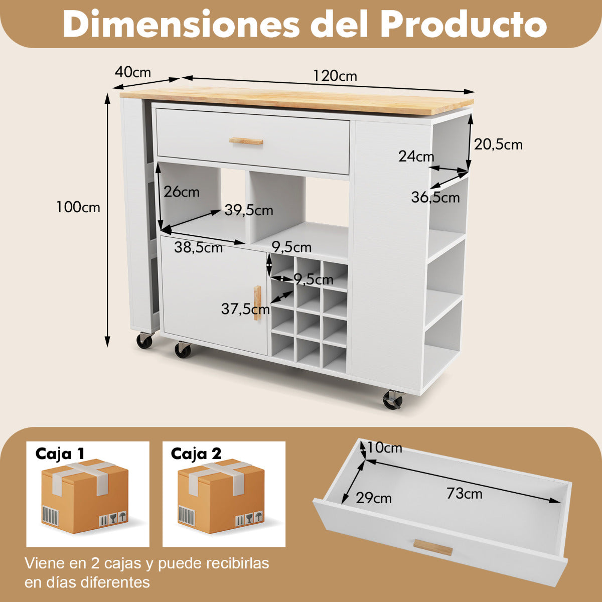 Carrito de Cocina de Servicio Móvil 2 en 1 Carro de Almacenamiento con Tapa de Madera Estante Portabotellas Cajón 120 x 40 x 100 cm Blanco
