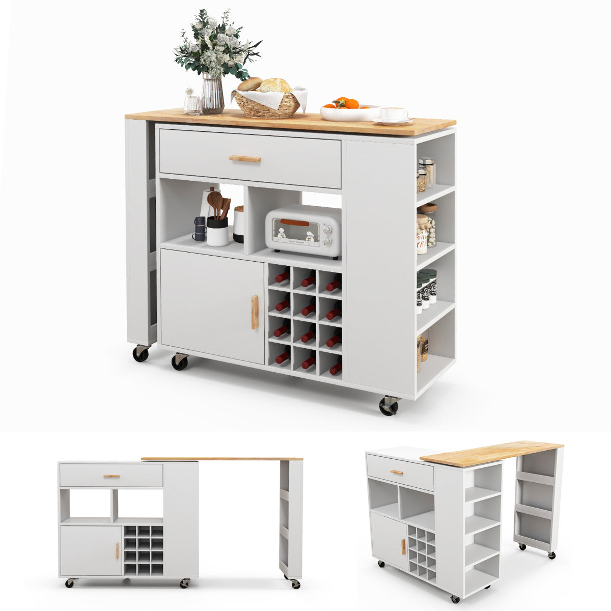 Carrito de Cocina de Servicio Móvil 2 en 1 Carro de Almacenamiento con Tapa de Madera Estante Portabotellas Cajón 120 x 40 x 100 cm Blanco